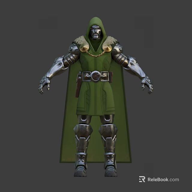Hooded Game And Movie Character Wearing Green Cloak With Silver Armor And Fur Trim 3d model 