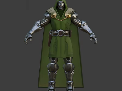 Hooded Game And Movie Character Wearing Green Cloak With Silver Armor And Fur Trim 3d model