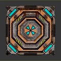 Mechanical Geometric Cube Device With Orange Blue Panels Metallic Bolts And Reflective Surface