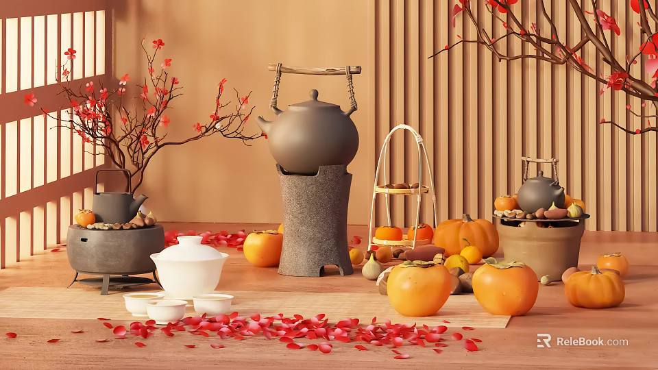 Traditional Chinese Teapot On Stone Base With Pumpkins Persimmons Red Petals And Wooden Decor 3d model 