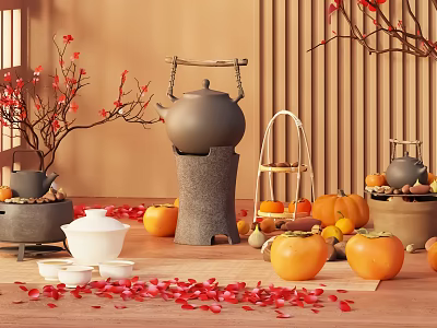 Traditional Chinese Teapot On Stone Base With Pumpkins Persimmons Red Petals And Wooden Decor 3d model