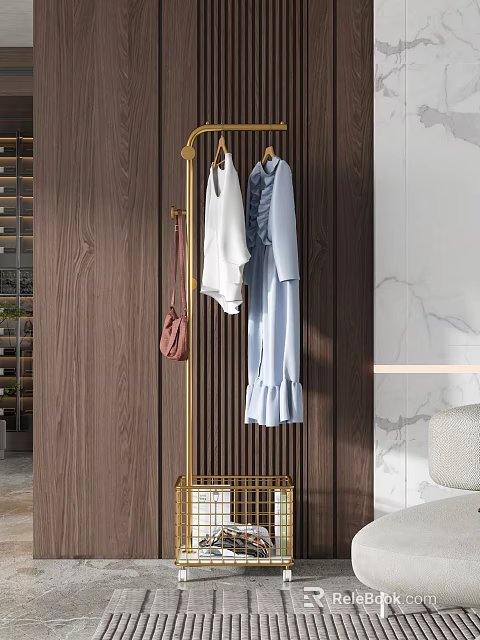 Golden Coat Rack With White And Light Blue Clothes And Pink Bag In Modern Interior 3d model 