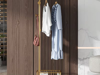 Golden Coat Rack With White And Light Blue Clothes And Pink Bag In Modern Interior 3d model