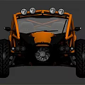 Orange and Black Off Road Utility Vehicle With Frame Structure Large Tires Roof Spare Tire