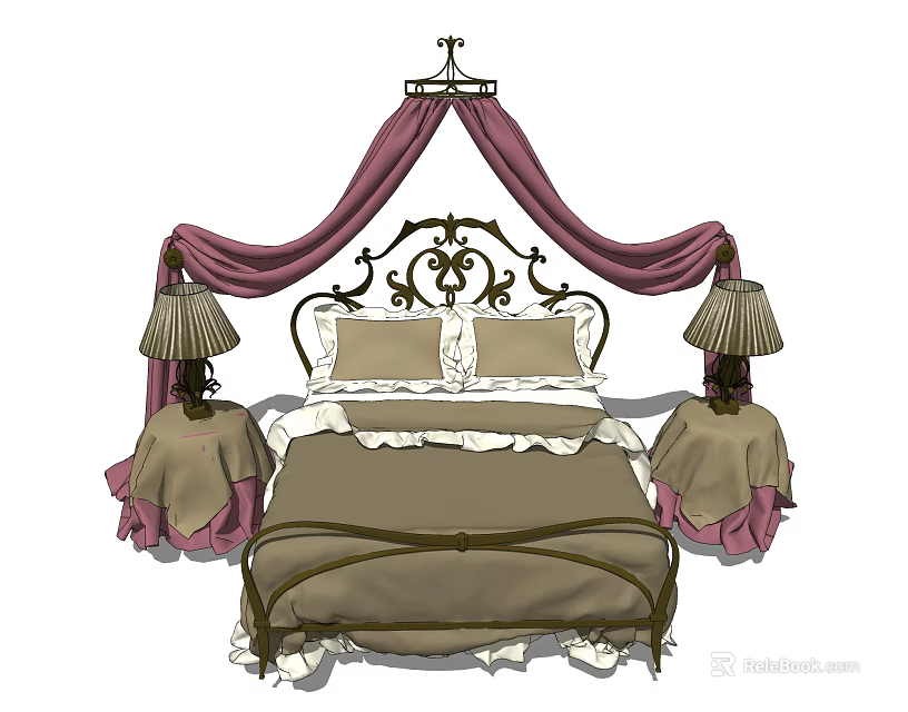 Elegant Double Bed With Wrought Iron Headboard Canopy Curtains Bedside Tables And Table Lamps 3d model 