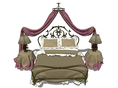 Elegant Double Bed With Wrought Iron Headboard Canopy Curtains Bedside Tables And Table Lamps 3d model