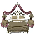 Elegant Double Bed With Wrought Iron Headboard Canopy Curtains Bedside Tables And Table Lamps