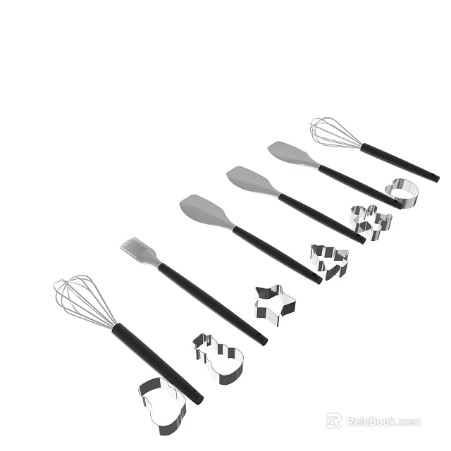 Kitchen Utensils Set With Whisk Spatula Black Handles And Cookie Cutters 3d model 