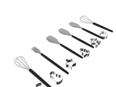 Kitchen Utensils Set With Whisk Spatula Black Handles And Cookie Cutters 3d model