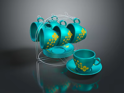 Turquoise Teacups And Saucers With Yellow Flower Patterns On Metal Rack 3d model