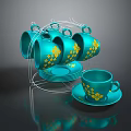 Turquoise Teacups And Saucers With Yellow Flower Patterns On Metal Rack