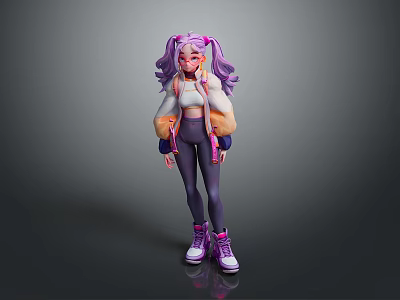 Cartoon Child Character With Purple Pigtails White Top Purple Pants And Pink Sneakers 3d model