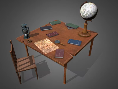 Vintage Wooden Desk and Chair Set with Globe Books Kerosene Lamp Map and Magnifying Glass 3d model