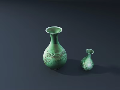 Green Decorative Ceramic Vases With Intricate Patterns In Two Sizes 3d model
