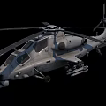 Gray Military Attack Helicopter Flying In Blue Sky With White Clouds And Weapon Systems