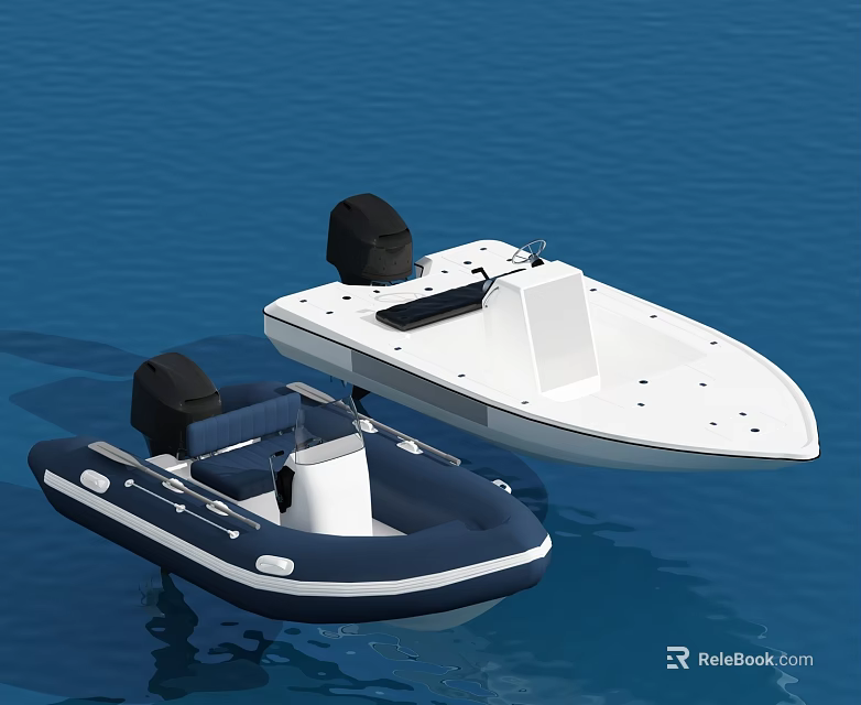 Two Boats Floating On Blue Water White Motorboat And Blue Inflatable With Outboard Motors 3d model 