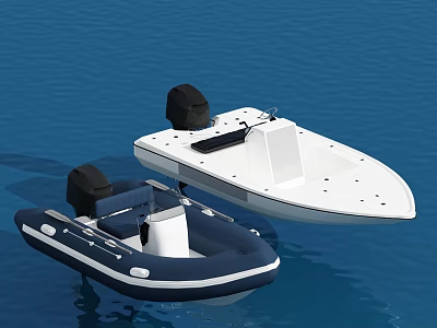 Two Boats Floating On Blue Water White Motorboat And Blue Inflatable With Outboard Motors 3d model