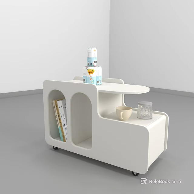 Modern White Mobile Side Table with Storage Shelf Books Cup and Glass 3d model
