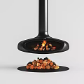 Sleek Modern Black Cylindrical Fireplace With Burning Wood And Flames Inside
