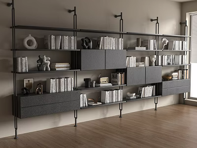 Stylish Modern Gray Bookshelf With Book Collection And Decorations On Wooden Floor 3d model