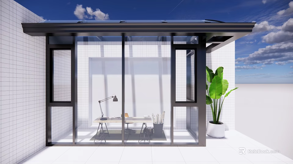 Glass Sunroom With Large Windows Table Desk Lamp Chairs Green Plant And Blue Sky Clouds 3d model 