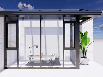 Glass Sunroom With Large Windows Table Desk Lamp Chairs Green Plant And Blue Sky Clouds 3d model