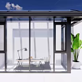 Glass Sunroom With Large Windows Table Desk Lamp Chairs Green Plant And Blue Sky Clouds