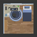 Cartoon Room Scene With Blue Walls Bookshelf Computer Bed Rug Curtains And Wall Art