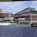 Modern Commercial Street Urban Design With Multistory Buildings Open Courtyard And Green Terraced Lawn