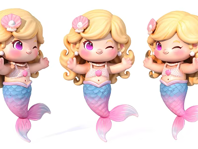 Cute 3D Cartoon Mermaid Sculptures with Blonde Curly Hair Shell Decorations Pink Blue Tails 3d model
