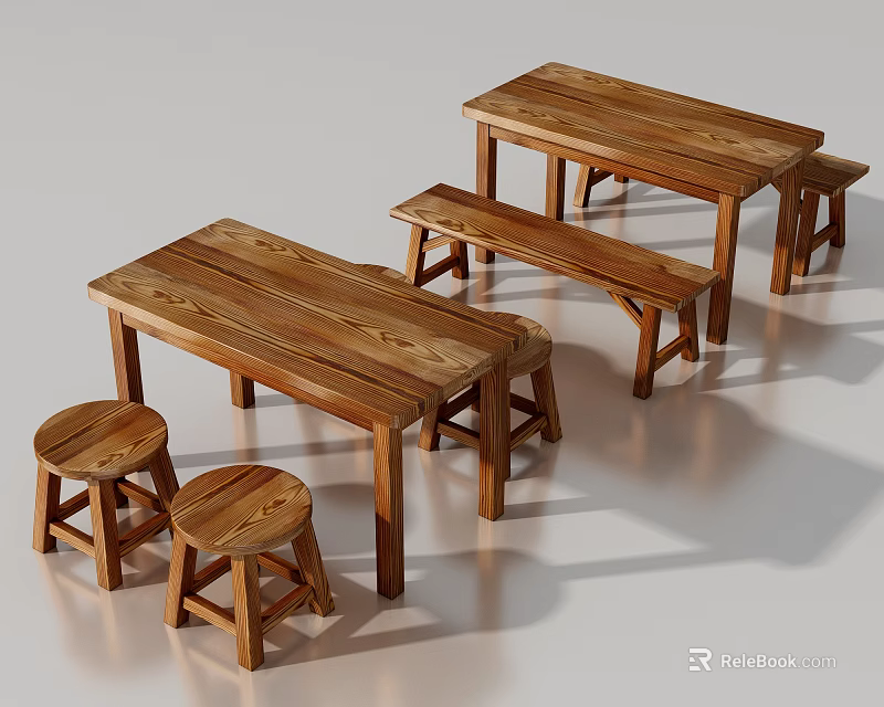 Rustic Wooden Dining Table Set With Table Bench And Stools 3d model 