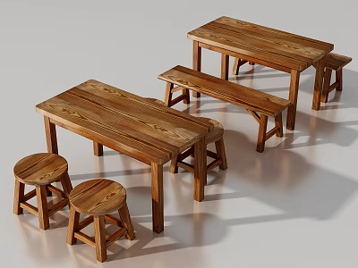 Rustic Wooden Dining Table Set With Table Bench And Stools 3d model
