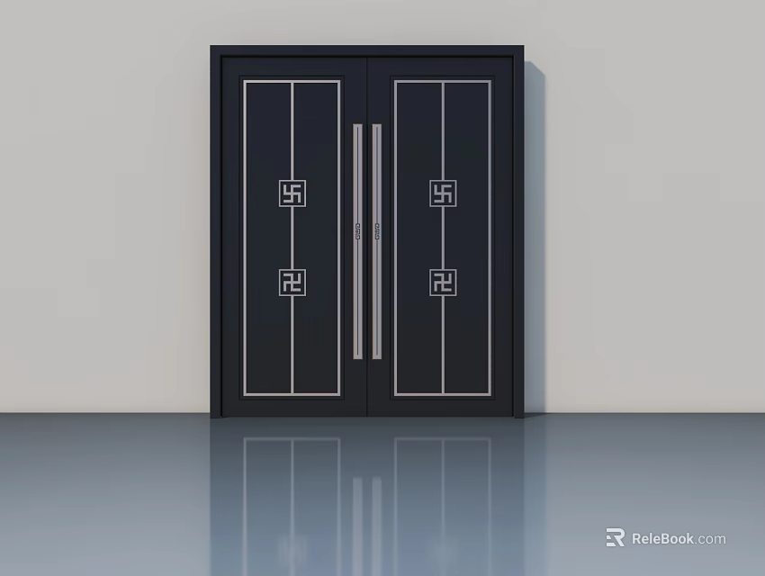 Black Double Swing Doors With White Geometric Patterns And Silver Handles 3d model