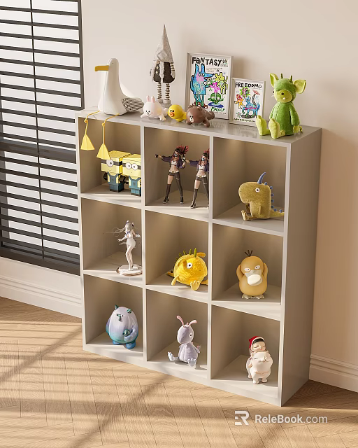 Toy Storage Cabinet With Multi Tiered Grid Shelf Holding Various Toy Figures And Decorative Ornaments 3d model 