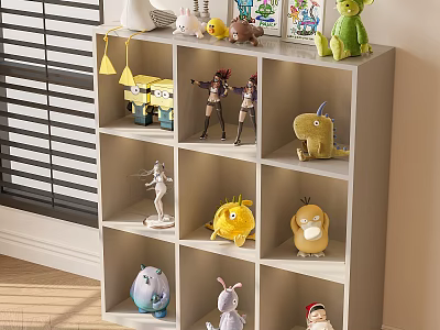 Toy Storage Cabinet With Multi Tiered Grid Shelf Holding Various Toy Figures And Decorative Ornaments 3d model