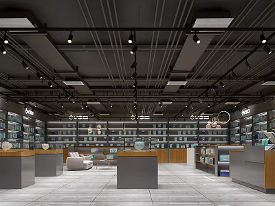 Modern Bookstore Interior With Bookshelves Display Counters Sofa Seating Ceiling Lights And Gray Floor 3d model