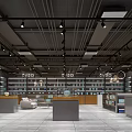 Modern Bookstore Interior With Bookshelves Display Counters Sofa Seating Ceiling Lights And Gray Floor