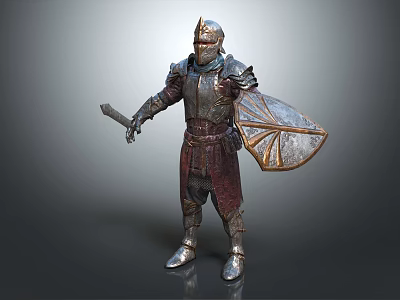 Medieval Knight In Steel Armor Holding Sword Shield And Dragon Creature 3d model