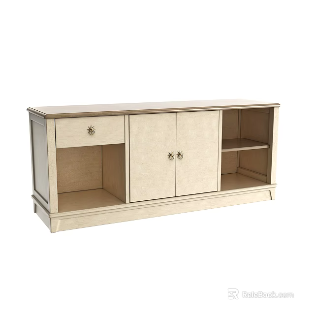 Modern Beige Decorative Cabinet With Double Doors Drawer And Open Shelves 3d model 
