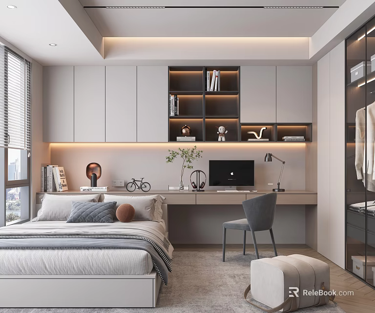 Tatami Bedroom Modern Interior Design With Built in Bookshelf Computer Desk And Table Lamp 3d model 