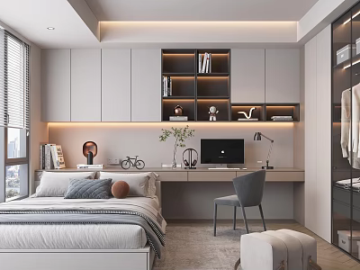 Tatami Bedroom Modern Interior Design With Built in Bookshelf Computer Desk And Table Lamp 3d model