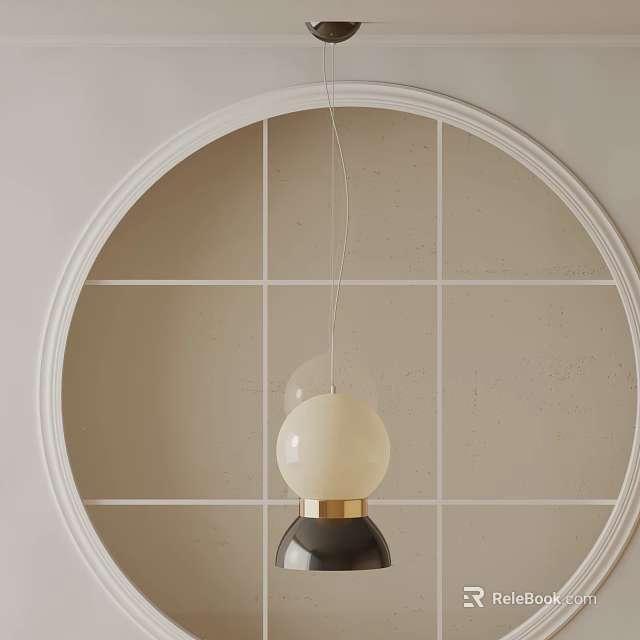 Spherical Modern Pendant Light Featuring White Globe And Black Base Hanging In Circular Grid Wall 3d model