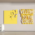 Yellow Background Wall Decorations With Broken Geometric Shapes And 3D Welcome To The Circus Letters