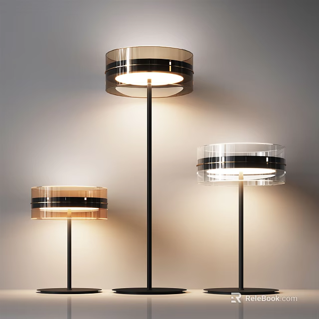 Modern Lighting Combination with Floor Lamps Various Sizes Transparent Shades Black Stripes Against Light Wall 3d model 
