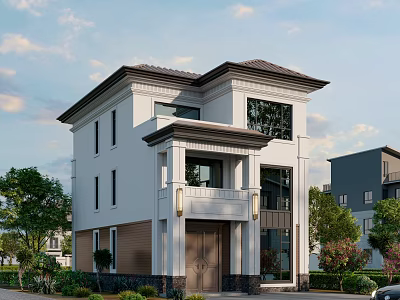Two Story White Detached Villa With Brown Roof Porch Columns And Large Windows 3d model