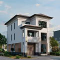 Two Story White Detached Villa With Brown Roof Porch Columns And Large Windows