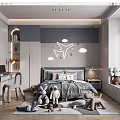 Kids Room Design With Soft Gray White Walls Airplane Cloud Decor Bed Desk Plush Toys Rug