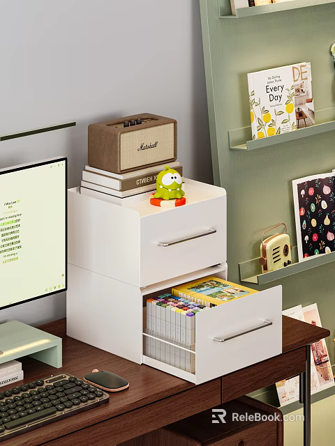 Cozy Desk With White Drawer Cabinet Green Toy Books Retro Radio Computer Monitor Colorful Supplies 3d model 