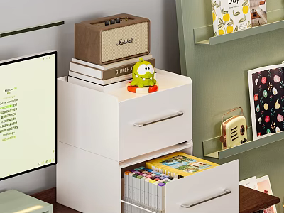 Cozy Desk With White Drawer Cabinet Green Toy Books Retro Radio Computer Monitor Colorful Supplies 3d model