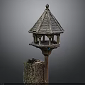 Wooden Birdhouse With Pagoda Style Roof And Multiple Ports Perched On Tree Stump